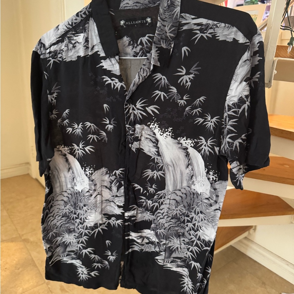 AllSaints Black and White Tiger Button-Down Shirt